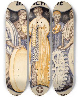 Triptych art skateboard deck of Burkhard Mangold Besucht Die Schweizer Mustermesse by Burkhard Mangold (1873-1950)
