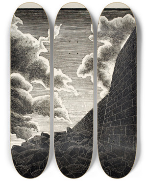 Triptych art skateboard deck of Arnold Wiltz Masury Versus Sky by Arnold Wiltz (1889-1937)