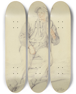 Triptych art skateboard deck of Cornelis Dusart Bauer Auf Einem Stuhl Nach Links Gewandt by Cornelis Dusart (1660-1704)