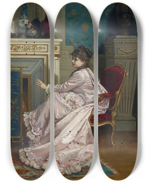 Triptych art skateboard deck of Auguste Toulmouche Au Coin De Feu by Auguste Toulmouche (1829-1890)