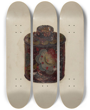 Triptych art skateboard deck of Myra Newswanger Toleware Canister by Myra Newswanger