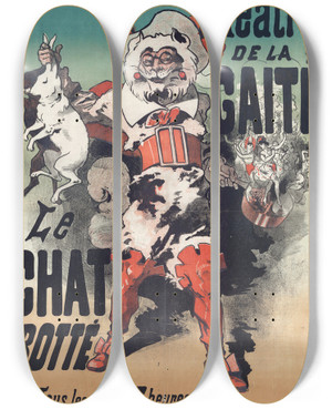 Triptych art skateboard deck of Jules Chret Thtre De La Gait Le Chat Bott by Jules Cheret (1836-1932)