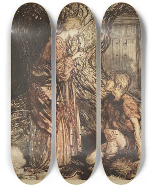 Triptych art skateboard deck of Arthur Rackham This Healing And Honeyed Draught Of Meaddeign To Accept From Me Set It First To Thy Lips by Arthur Rackham (1867-1939)