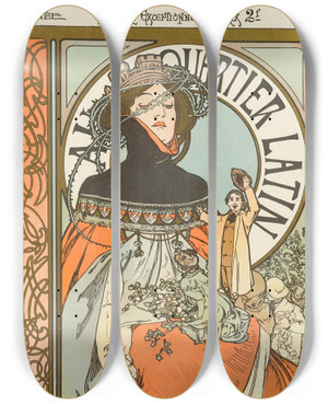 Triptych art skateboard deck of Alphonse Mucha Au Quartier Latin_2 by Alphonse Mucha (1860-1939)