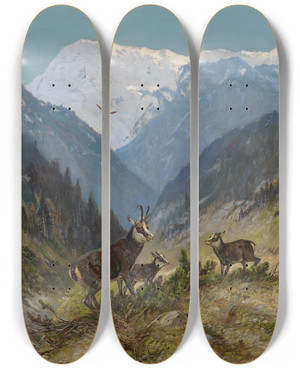 Triptych art skateboard deck of Moritz Mller Gamswildrudel by Moritz Melzer (1841-1899)