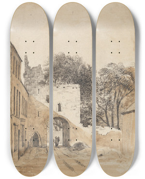 Triptych art skateboard deck of Thomas Crofton Croker Ruined Gateway At Kilmallock by Thomas Crofton Croker