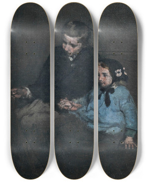 Triptych art skateboard deck of Thodule Ribot Siblings Holding Hands by Theodule Ribot (1823-1891)