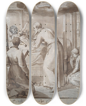 Triptych art skateboard deck of Jacques Stella St Philip Visiting Ahospital_2 by Jacques Stella (1596-1657)