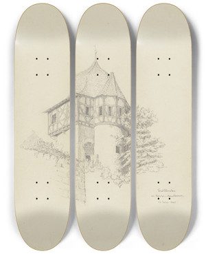 Triptych art skateboard deck of Friedrich Wilhelm Ludwig Fausttrmchen Am Kloster Maulbronn by Friedrich Wilhelm Ludwig (1828)