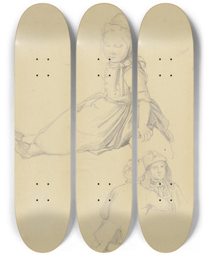 Triptych art skateboard deck of Jakob Becker Studienblatt Sitzendes Kleines Mdchen Darunter Zwei Mnner Im Gesprch by Jakob Becker (1810-1872)