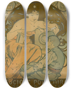 Triptych art skateboard deck of Alphonse Mucha Socit Populaire Des Beauxarts by Alphonse Mucha (1860-1939)