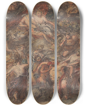 Triptych art skateboard deck of Robert Smirke Bachanalia Scene by Robert Smirke (1752-1845)
