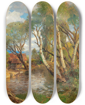 Triptych art skateboard deck of Hugo Darnaut Birches By A Mountain Creek by Hugo Darnaut (1850-1937)