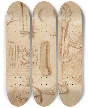 Triptych art skateboard deck of Nicolas Poussin Studies Of Antiquities by Nicolas Poussin (1594-1665)