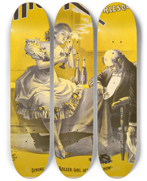 Triptych art skateboard deck of Hc Miner Litho Co Deveres High Rollers Burlesque Co_1 by H.C. Miner Litho. Co. (1896-1935)