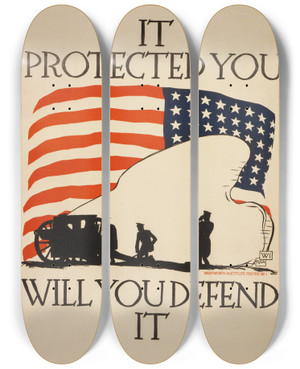 Triptych art skateboard deck of Vojtech Preissig It Protected You Will You Defend It by Vojtech Preissig (1873-1944)