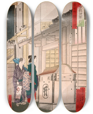 Triptych art skateboard deck of Tsukioka Yoshitoshi The Suigetsur Restaurant In Unemech by Tsukioka Yoshitoshi (1839-1892)