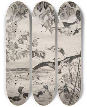 Triptych art skateboard deck of Flix Bracquemond Lapwings And Teals by Felix Bracquemond (1833-1914)