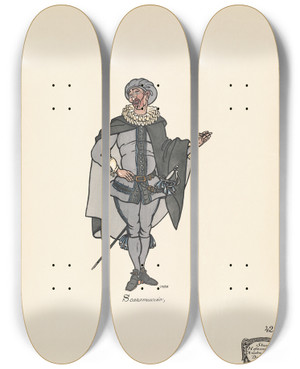 Triptych art skateboard deck of Ernst Stern Scaramuccio by Ernst Stern (1876-1954)