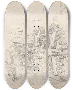 Triptych art skateboard deck of Adolph Tidemand Winkelsmhle Ved Dssel by Adolph Tidemand (1814-1876)