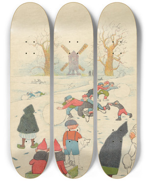 Triptych art skateboard deck of Lon Spilliaert Jeu De Neige Devant Le Moulin_1 by Leon Spilliaert (1881-1946)