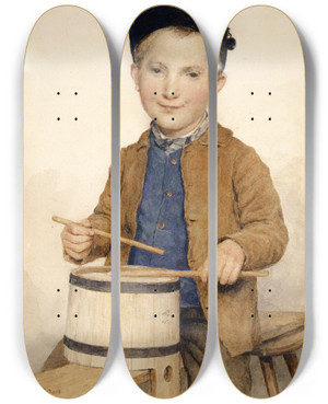 Triptych art skateboard deck of Albert Anker Trommelnder Knabe by Albert Anker (1831-1910)