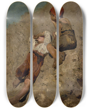 Triptych art skateboard deck of Franz Von Lenbach Two Peasant Boys On A Slope by Franz Von Lenbach (1836-1904)