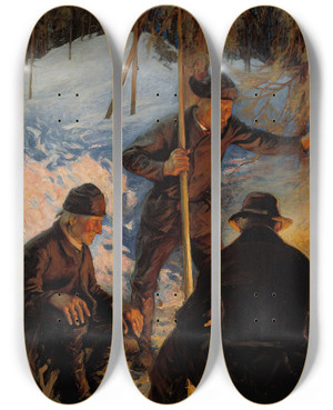 Triptych art skateboard deck of Pekka Halonen Lumberjacks Around A Campfire by Pekka Halonen (1865-1933)