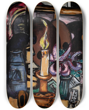 Triptych art skateboard deck of Max Beckmann Still Life With Two Large Candles by Max Beckmann (1884-1950)