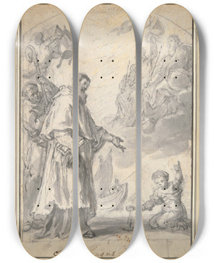 Triptych art skateboard deck of Justus Van Egmont St Augustine by Justus Van Egmont (1601-1674)