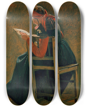 Triptych art skateboard deck of Christen Dalsgaard A Young Girl Frem Salling Reading Study by Christen Dalsgaard (1824-1907)