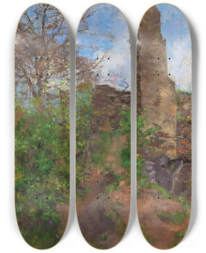 Triptych art skateboard deck of Wilhelm Gause Wachau Town Wall In Stein by Wilhelm Gause (1853-1916)