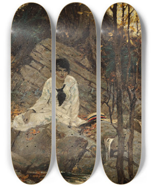 Triptych art skateboard deck of Dean Cornwell Seated Woman With A Hat by Dean Cornwell (1892-1960)