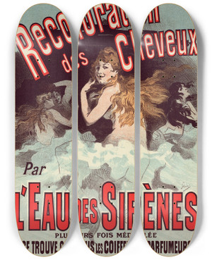 Triptych art skateboard deck of Jules Chret Eau De Sirnes by Jules Cheret (1836-1932)