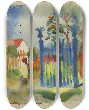 Triptych art skateboard deck of August Macke Garden Gate by August Macke (1887-1914)