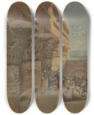 Triptych art skateboard deck of Carl Friedrich Heinrich Werner Musicians At Philae by Carl Friedrich Heinrich Werner (1808-1894)