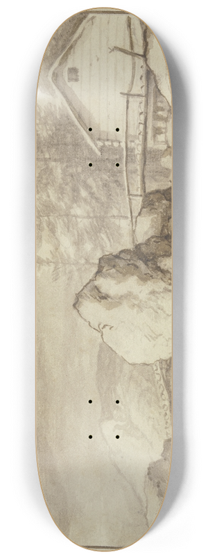 Allaert van Everdingen - Zwischen Felsstcken ein Wasserfall, dabei ein Steg und ein Haus, rechts zwei Figuren 8.25 inch art skate deck