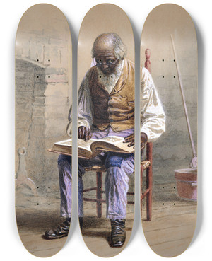 Triptych art skateboard deck of Thomas Waterman Wood Reading The Scriptures by Thomas Waterman Wood (1823-1903)