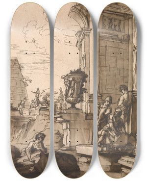 Triptych art skateboard deck of George Knapton Classical Scene_1 by George Knapton (1698-1778)