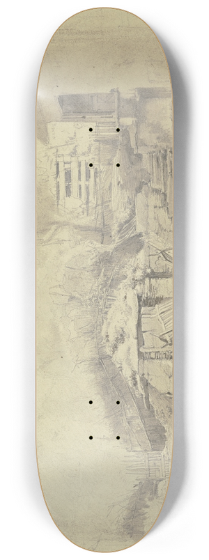 Jakob Frchtegott Dielmann - Altes Gemuer mit Treppe, links ein Zaun mit Tr, in der Mitte vorne ein Leiterwagen 8.25 inch art skate deck