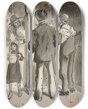 Triptych art skateboard deck of Edwin Austin Abbey Old Prob by Edwin Austin Abbey (1852-1911)