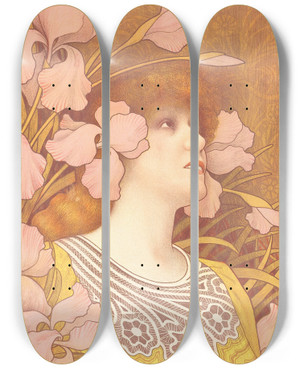 Triptych art skateboard deck of Paul Berthon Sarah Bernhardt As Melisande by Paul Berthon (1872-1909)