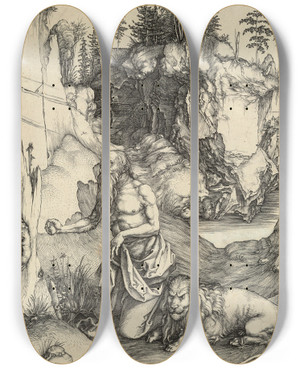 Triptych art skateboard deck of Albrecht Drer St Jerome In Penitence by Albrecht Durer (1471-1528)