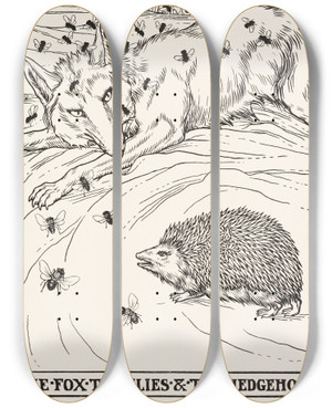 Triptych art skateboard deck of Percy J Billinghurst The Fox The Flies And The Hedgehog by Percy J Billinghurst (1871-1933)