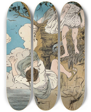 Triptych art skateboard deck of Maud Hunt Squire Go Feed The Tortoise Thyself by Maud Hunt Squire (1873-1954)