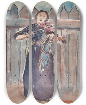 Triptych art skateboard deck of Ivan Ivanec Kobieta Grajca Na Skrzypcach by Ivan Ivanec (1893-1946)