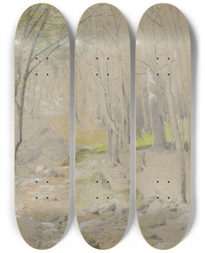 Triptych art skateboard deck of Friedrich Carl Von Scheidlin Forest Stream by Friedrich Carl Von Scheidlin (1822-1913)