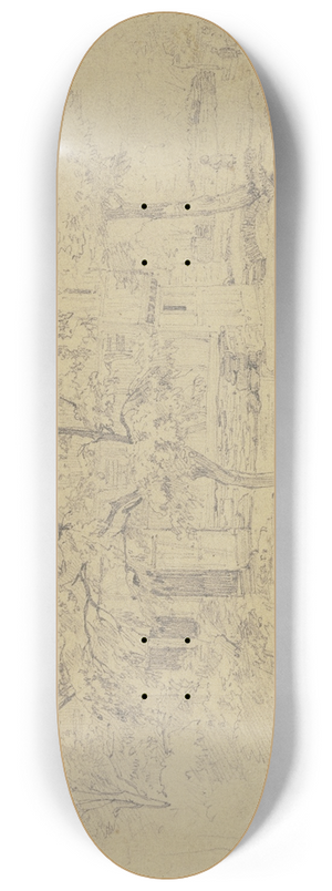 Jakob Frchtegott Dielmann - Bauernhuser unter Bumen, vor demselben ein Mahnmal, berbrckter Bach, in der Ferne mehrere Kinder 8.25 inch art skate deck