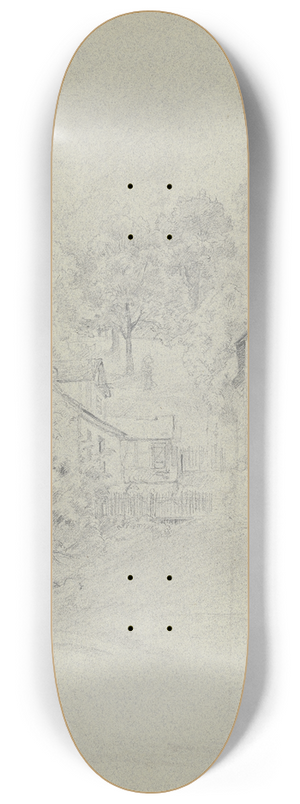 Jakob Frchtegott Dielmann - Bauernhuser zwischen Bumen, vorne ein Zaun, an welchem rechts zwei Kinder stehen 8.25 inch art skate deck