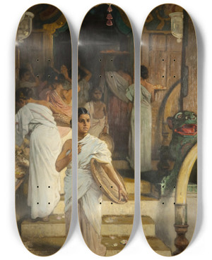 Triptych art skateboard deck of Friedrich Woldemar Vor Einem Indischen Tempel by Friedrich Woldemar (1846-1910)